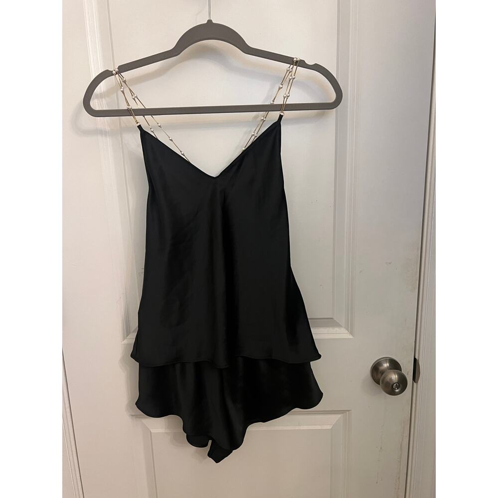 Victoria’s Secret Babydoll Lingerie Set Pearl chain straps XS Satin Black Fairy